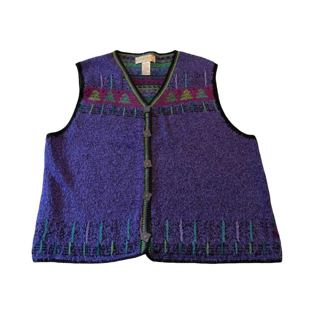 Sigrid Olsen Sport Vintage Purple‎ Fair Isle Tree Knit Sweater Vest Womens L